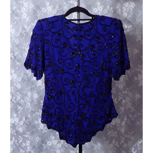 Vintage 80s Silk Blouse 1980s Royal Blue & Black Beaded Art Deco Goth Size Small - Picture 4 of 5